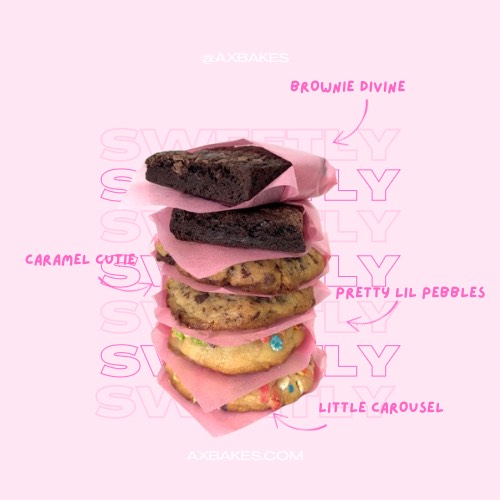 Chewy Cookie Brownie Gift Box featuring fudgy brownies, salted caramel pretzel cookies, fruity pebbles cookie, and buttery sugar cookie — available for pickup and delivery in Murrieta, Perris, and Temecula.