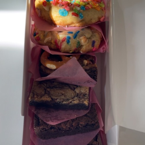 brownie cookie box close up with fudgy brownies, brookies, and colorful cookies — local bakery treats available in Perris, Temecula, and Murrieta